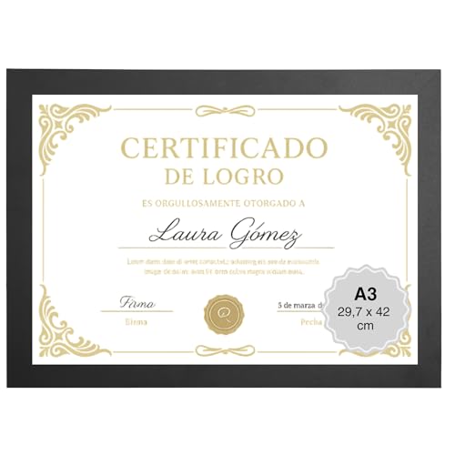 MARCOFOTO Marco de Fotos A3 Negro (29,7x42 cm) Portafotos de Pared en MDF con Cristal - Ideal para Diplomas, Certificados, Pósters y Fotografías - Decoración Hogar y Oficina