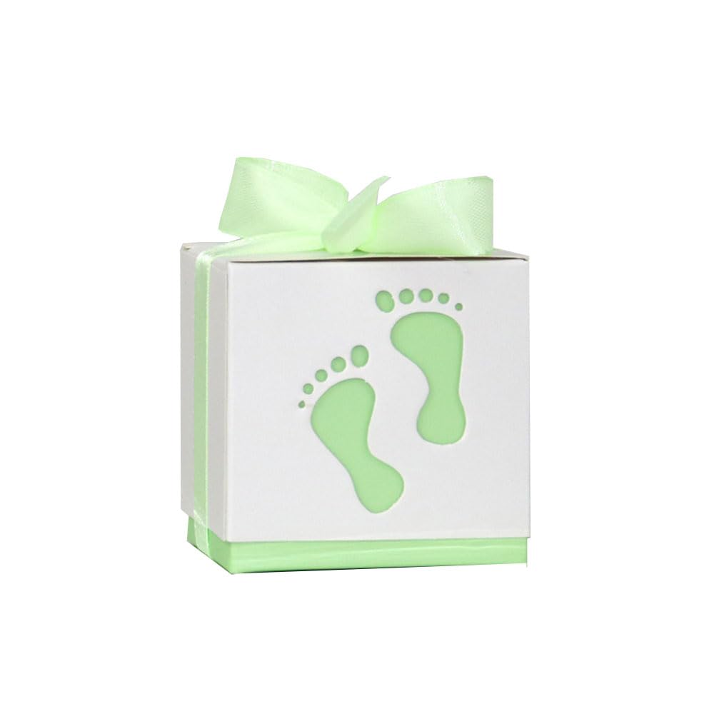 100 cajas de regalo, caja de dulces con huella de bebé, caja de bautizo de bebé con cinta, caja de bombones, caja de regalo para baby shower, cumpleaños, boda, bautizo, nacimiento, fiesta, verde