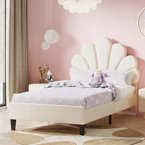 Lit Enfant 90x200 cm, Lit Simple Rembourré avec Tête de Lit en Forme de Fleur, Design Pétales en Velours Beige, Hauteur Réglable, Cadre de Lit avec Sommier...