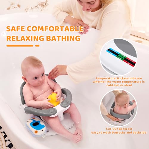 Image of Baby Bath Seat for Babies 6 Months & Up Sitting Up,Infant Bath Seat with Temperature Alert+Open Backrest+on /Off Armrest,Toddler Bath seat Baby Bath Chair for Bathtub,Tub,Sink Grey