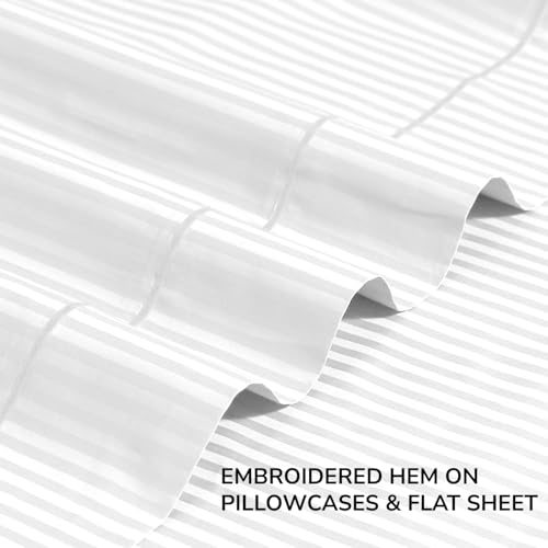 Image of Feather & Stitch 500 TC Queen Size Damask Bed Sheet Set, 100% Cotton Soft Breathable Bedsheets, 4 Piece 18 inch Deep Pockets Sateen Weave Striped Bedding Mattress Resort Hotel- (White Stripe)