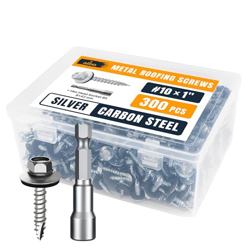 Image of ALBO 300 Pcs #10 x 1 Silver Metal Roofing Screws, EPDM Washers | High-Low Threads Help Prevent Loosening, Leak-Resistant Seal, Sharp Point Helps Skip Pilot Holes, Hex Bit Included