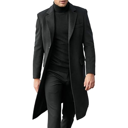 Manteau d'hiver épais et long style trench à simple boutonnage noir homme 4XL