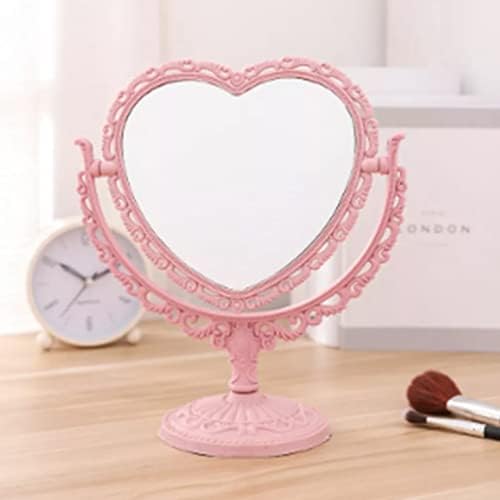 Makeup Mirror Heart Shaped Rotatable Double Sided Desktop Cosmetic Vanity Mirror Pink