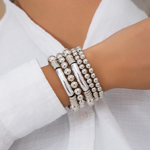 Jumwrit 5pcs Layered Beaded Bracelets Set for Women Dainty Stretch Elastic Round Ball Beads Chain Tube Bangle Bracelets Boho Stackable Bracelets Trendy Jewelry for Girls2