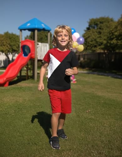 Image of Ayzozuy Boy Clothes Colorblock Top + Drawstring Waist Shorts 2 Pieces Kid Summer Outfits Set