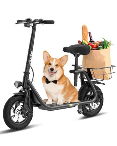 Electric Scooter with Seat ZD06, 800W Peak Motor, 20 Mile Range & 15.5 Mph, Key Start, Foldable E-Scooter with Carry Basket for Pets & Cargo, Electrically-Powered Motor Scooters