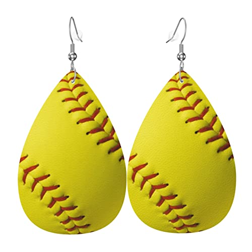 Yellow Softball Faux Leather Teardrop Earrings for Women Drop Dangle Earrings