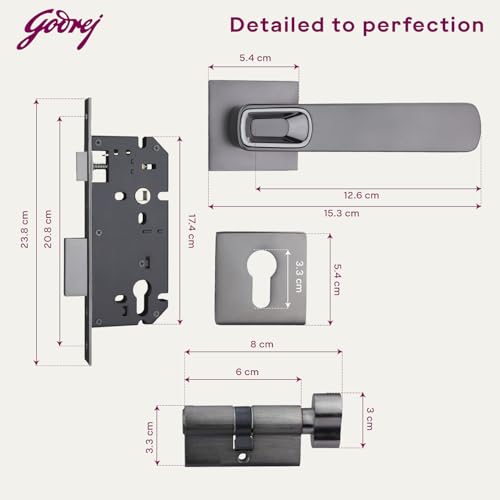 Image of Godrej Mortise Lock | Handle Lock Set for Main & Bedroom Door | HDH 07 Rossette Home Decor Handle | Matte Black Nickel Finish | 9 Inch Lockbody | 60 mm 1CK Cylinder - Knob from Inside and with 3 Keys