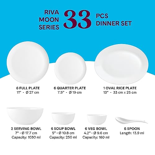 Image of Larah By Borosil Moon Riva Dinner Set- 33 Pcs, Opal Glass Dinner Plates & Bowls Crockery Set for Dinning, White