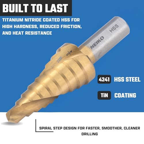 Image of NEIKO 10606A Step Drill Bit, 9 Steps 1 /4 inch to 3 /4 inch Spiral High Speed Steel, Titanium Nitride Coated, 3 /8 inch Tri Flat Step Bits for Steel, Metal, Wood, Plastic, Unibit Cone Drill Bits, Two Flute