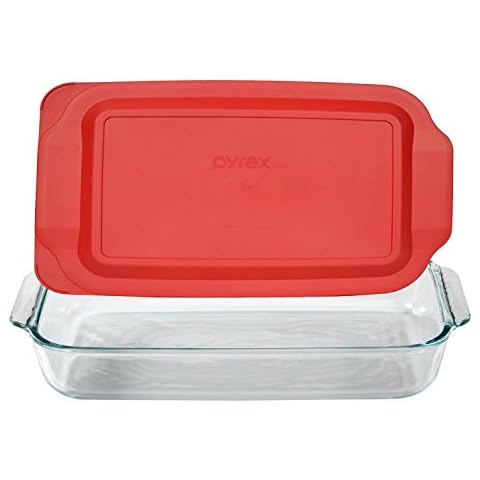 Pyrex Basics 3 Quart Glass Oblong Baking Dish with Red Plastic Lid Cover