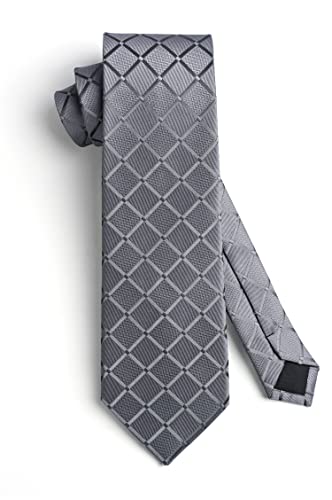 Hisdern Plaid Tie Handkerchief Woven Classic Men's Necktie & Pocket Square Set Grey Ties For Men Formal Wedding Business Gray Tie Set #TOP7