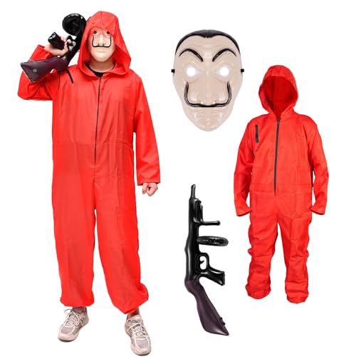 FASCHINFEVER Juego de disfraz de Casa del Dinero 3 en 1, con máscara Dalí, mono rojo unisex, rifle hinchable para Halloween, carnaval para hombre y mujer (180-200 cm)