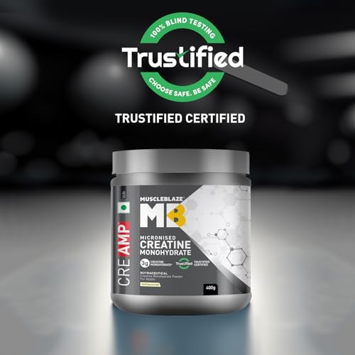 Image of MuscleBlaze Micronised Creatine Monohydrate CreAMP Powder, Unflavoured (129 servings, 400g) | Trustified Certified Creatine
