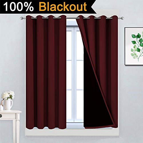 Image of Yakamok Burgundy Red Blackout Curtains 45 Inches Long for Bedroom 52 inch Wide | Blackout Curtain Panels for Bedroom, 2 Thick Layers Grommet Top Thermal Insulated Drapes with Black Liner for Living Room