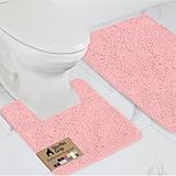 Gorilla Grip Original Shaggy Chenille 2 Piece Bath Rug Set, Includes Square U-Shape Contour Toilet Mat & 30x20 Carpet Rug, Machine Wash/Dry Mats, Soft Plush Rugs for Tub Shower & Bathroom, Light Pink