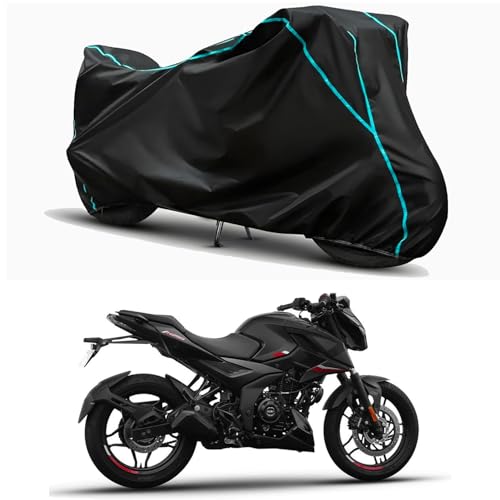 Image of Waterproof Bike Body Cover Compatible for | Bajaj Pulsar N250 STD | Taffeta Fabric, Sky Piping Design, Bottom Elastic Fit | Dustproof, Sun UV & Rain Protection for All Weather.