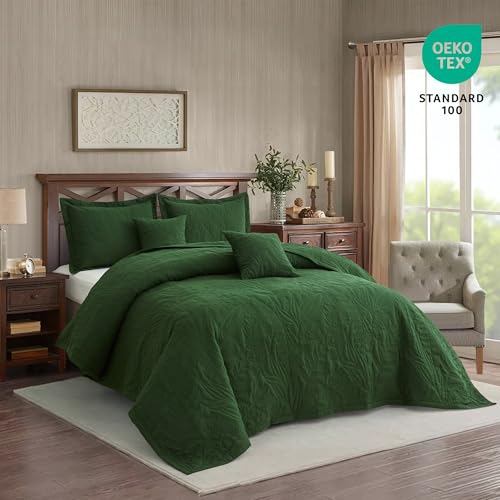 Image of HZ & HY Botanical Oversized Queen Bedspread, Stitched Leaf Quilt Set Queen Size, Lightweight Reversible Coverlet, Tailored Edge - Earthy Natural Look, 5 Piece, Olive Green