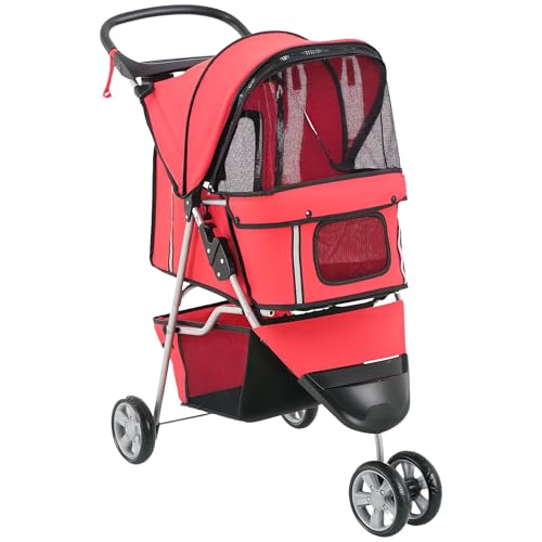 PawHut Passeggino per Cani Pieghevole Carrello per Animali Domestici Carrello Carrozzina Rosso 75 x 45 x 97cm
