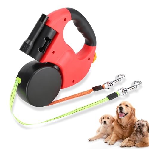 Retractable Dog Leash for Two Large Dogs – - Double Extendable Leash with LED Light, Handle & Lock Control (Scarlet)