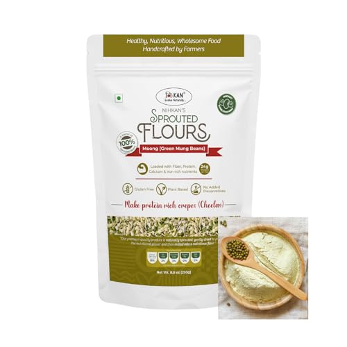 NIHKAN Sprouted Moong flour (Green Mung bean flour)-250g | 100% Sprouted green moong grains | Gluten free | High Protein Instant Cheela Mix | No Salt added | Clean labelled NIHKAN Sprouted Moong flour (Green Mung bean flour)-250g | 100% Sprouted green moong grains | Gluten free | High Protein Instant Cheela Mix | No Salt added | Clean labelled
