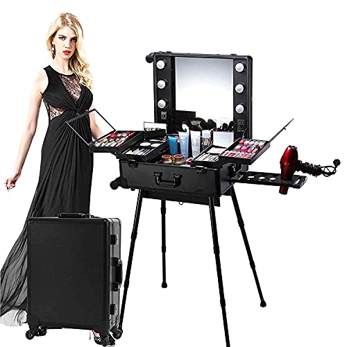 Image of Adson Rolling Makeup Trolley Makeup Box Case Train Vanity Case Storage Hairdressing Organiser for Salon, Artist Aluminum Cosmetic Storage Organizer with Light and Mirror (Black) 43.2 x 25.4 x 62.5 cm
