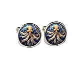 Baroque Style Nautical Octopus - Handmade ROUND Glass Metal Cuff LInks Cufflinks Gift for Him Dad (Stainless Steel)