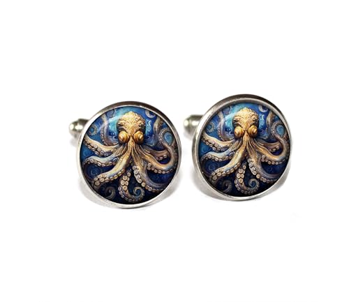 Baroque Style Nautical Octopus - Handmade ROUND Glass Metal Cuff LInks Cufflinks Gift for Him Dad (Stainless Steel)