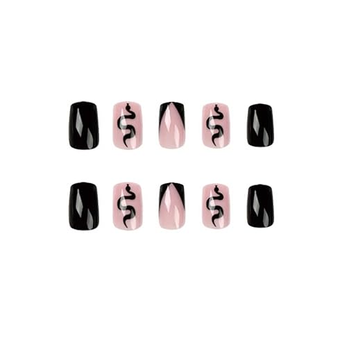 Miniatura 4 de Uñas acrílicas cuadradas medianas a presión, uñas acrílicas nude y negras para mujeres con diseño de serpiente, juego de 24 unidades
