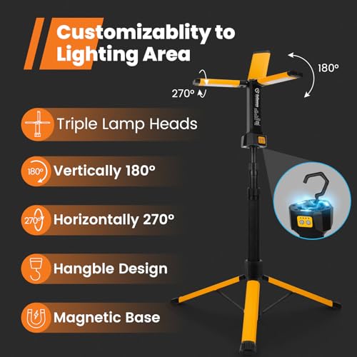 GoGonova Cordless Work Light with Triple LED Lamps,Rechargeable Work Lights with Stand, 8AH Battery, 700/1200/2200 Lumen, 4000/6500K Dimmable Led Work Light Kit with Detachable Tripod