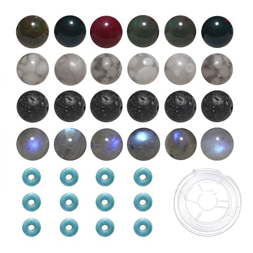 Image of 200pcs Mixed 8mm Natural Stone Beads Bloodstone Labradorite Black Lava Maifanite Round Bulk Gemstone and 6mm Synthetic Turquoise Spacers for Jewelry Making Bracelet Necklace