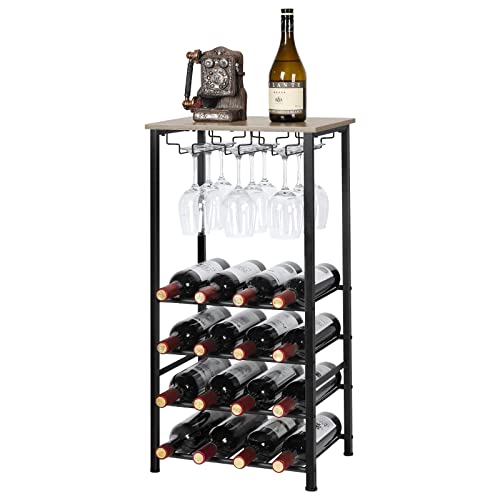 Sunexinlo Wine Rack Freestanding Floor, 16-Bottle Wine Rack Table With Tabletop And Glass Holder, Tall Standing Metal Wine Bottle Storage & Display Shelf #TOP5