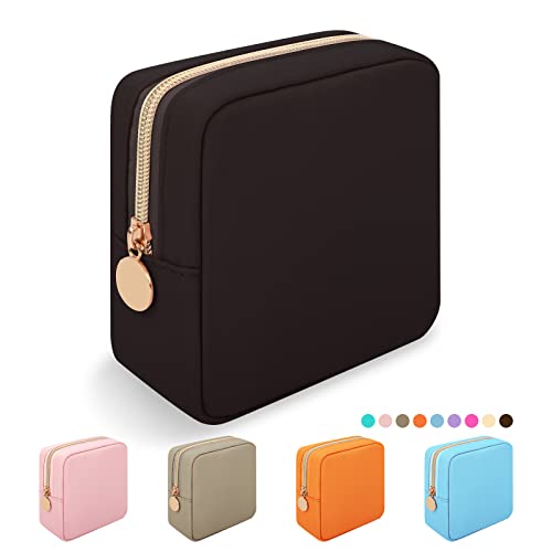 Iqimott Nylon Mini Makeup Bag, Preppy Small Cosmetic Bag Compact Make up Pouch Toiletry Bag, Waterproof Zipper Purse Travel Coin Pouch Sanitary Napkin Storage Bag for Women Girls Teens(Black)