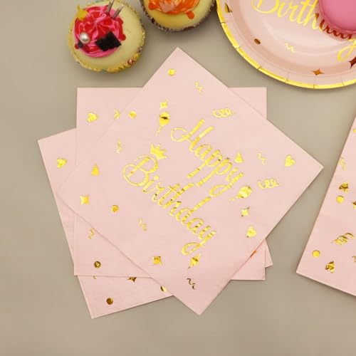 Boocikey 125 PCS Birthday Plates and Napkins,Pink Paper Plates Serves 25 Guests,Happy Birthday Plates for Girls Women Birthday Decorations — view 6