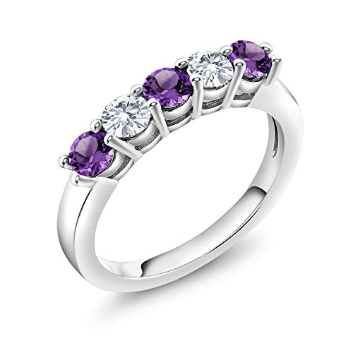 Gem Stone King 925 Sterling Silver Purple Amethyst and White Moissanite 5-Stone Wedding Anniversary Band Ring For Women (0.80 Cttw, Gemstone February Birthstone, Available In Size 5, 6, 7, 8, 9)2