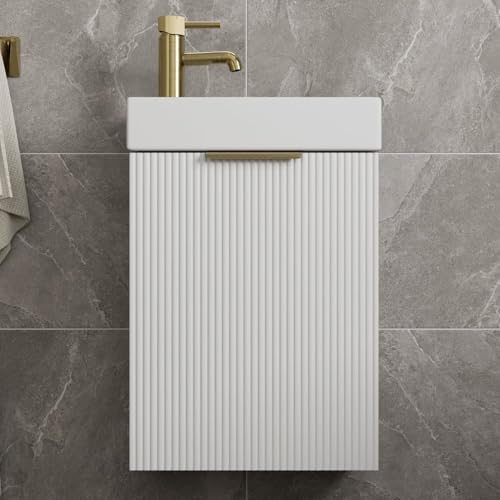 BAYSTONE Fluted 400mm Bathroom Vanity Unit White Ceramic Basin Sink, Cloakroom Storage Furniture Cabinet Wall Hung Cupboard Soft Close, Brushed Brass Handle, Matt White