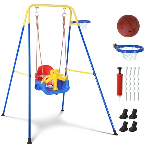 4-in-1 Toddler Swing Set, Foldable Baby Swing with Basketball Hoop & Safety Belt, Indoor Outdoor Portable Infant Playground, Detachable Metal Frame To