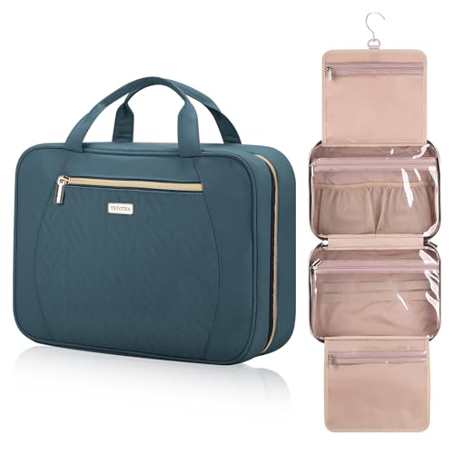 TBTOTRA Hanging Toiletry Bag for Women Travel, 2 Sizes Large & Small Waterproof Cosmetic Organizer with 4 Compartments, Rotating Hook, Foldable Pink Travel Bag for Toiletries & Makeup, Large Lake Blue