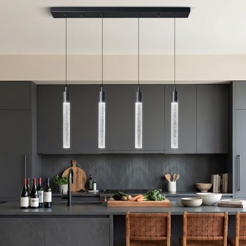 Image of Kitchen Island Lighting Modern Light Fixture Black Pendant Light Dimmable LED Black Finish Mini Crystal Pendant Lights for Dining Room Living Room(4-Light )