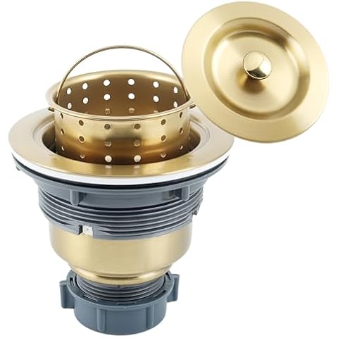 LQS Kitchen Sink Drain Assembly, Kitchen Sink Strainer and Stopper with Deep Removable Waste Basket, Stainless Steel Sink Basket Strainer with Drain Assembly for 3-1/2-inch Sink Opening Size, Gold Cover