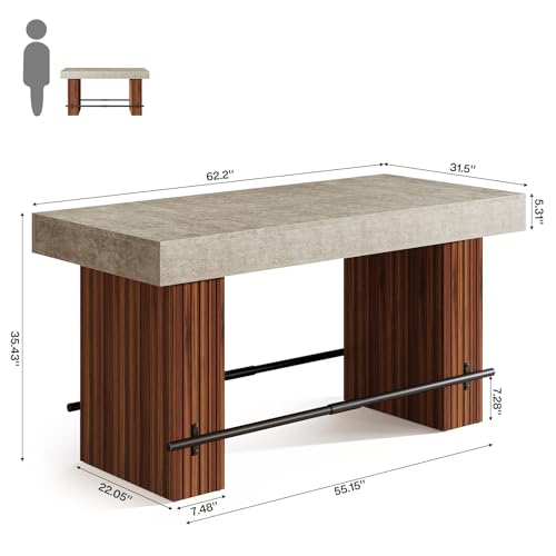 Image of Tribesigns 62.2 Inch Bar Table, Industrial Bar Height Counter Table, Rectangular Home Bar Units with Metal Footrest for Home Kitchen, Dining Room, Bistro, Gray Cement and Red Brown
