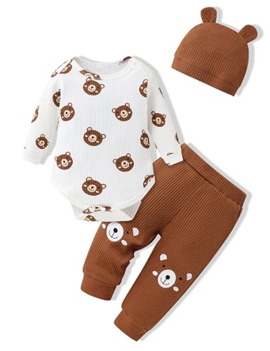 Image of Crazyme Newborn Baby Boy Clothes Letter Print Ribbed Knitted Long Sleeve Romper Solid Long Pants Hat Baby Boy Outfits 3PCS