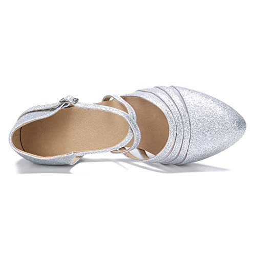 Womens Ballroom Dance Shoes for Social Beginner Salsa Latin Closed Toe Dancing Shoes 1 1/2 inches Heels S13(6,Silver by HXYOO - Used condition - Image 7