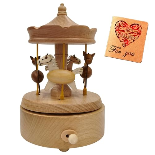 Briskfeel Wooden Carousel Music Box with Moving & Elevating Horses Rotating Wind-Up Decor Collectible Mechanical Musical Box Timeless Gift