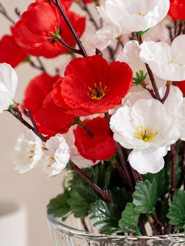 Image of ARTSY Artificial Flowers Bunch For Decoration Cherry Blossom, Ideal for vase, Home, Office decor, gifts, craft, artificial plants for decoration, Without vase, White Red, combo, 2 Piece, 55 cm height