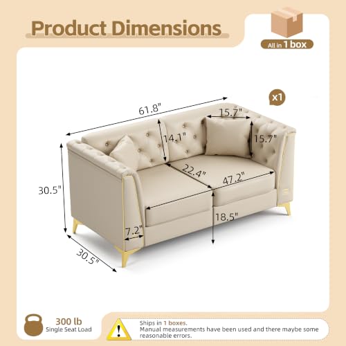 Image of KEIKI 62 inch Faux Leather Chesterfield Sofa with Handmade Button Tufted, Beige