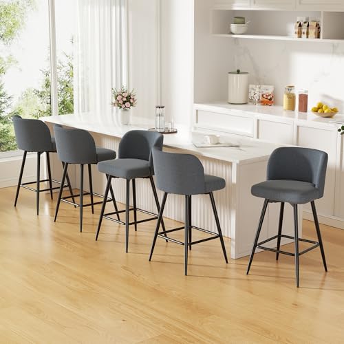 Image of Swivel Bar Stools Set of 5, 26 inch Counter Height Bar Stools with High Back and Metal Legs, Fabric Bar Chairs, Modern Barstools for Kitchen Island, Light Grey