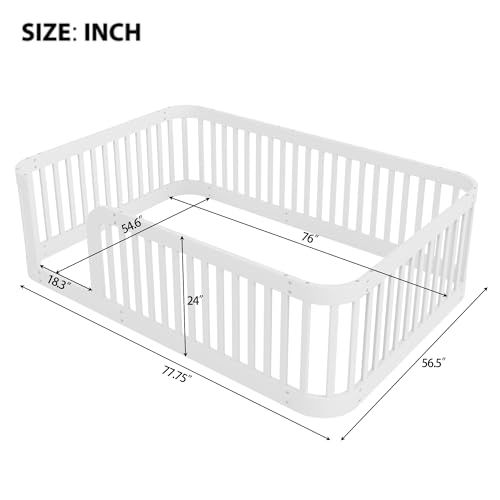 Image of Bellemave Full Size Floor Bed Frame with High Fence,Solid Wood Kids Montessori Floor Bed Full Size for Kids Girls Boys,Rounded Corner Design,White