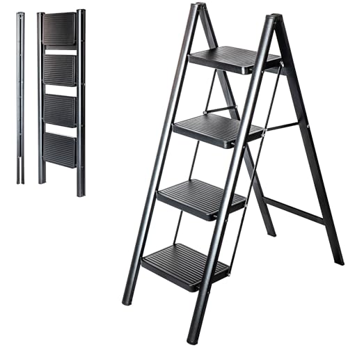 HOSTRÖM Escabeau 4 marches FOLDPACT4, Marche Pied Pliable, Design Ultra-Compact, Marches Larges 17,5 cm, Acier, Etagère temporaire, Garantie 5 Ans